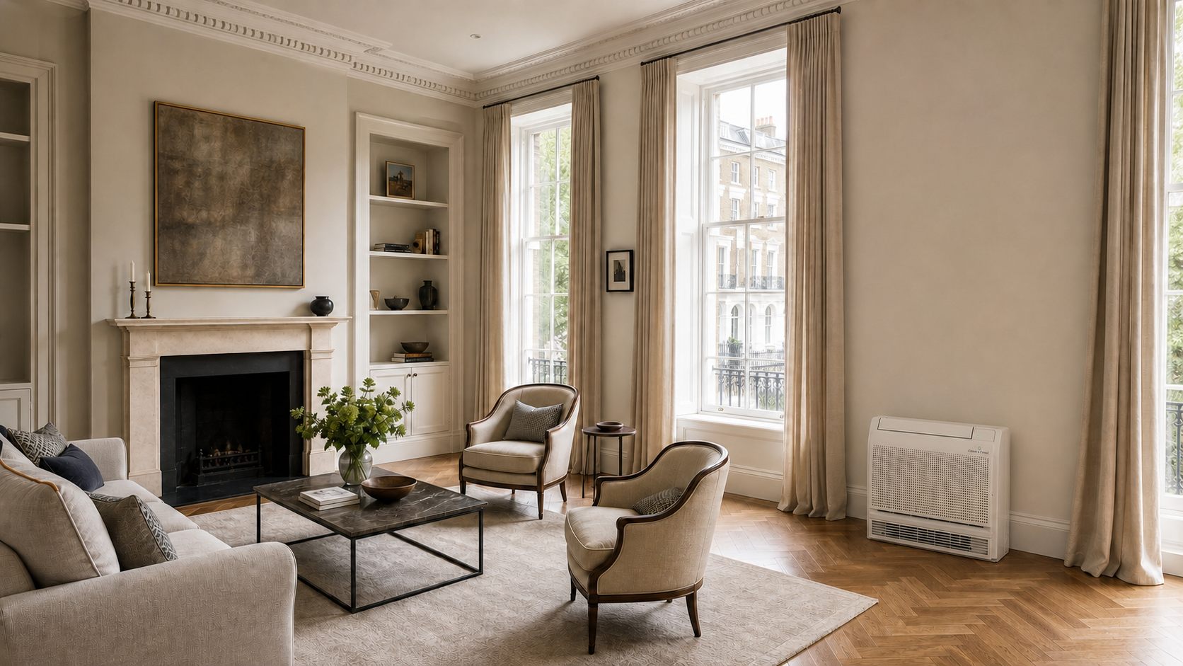London townhouse sitting room with fireplace and a Coole & Frost floor unit where the radiator was