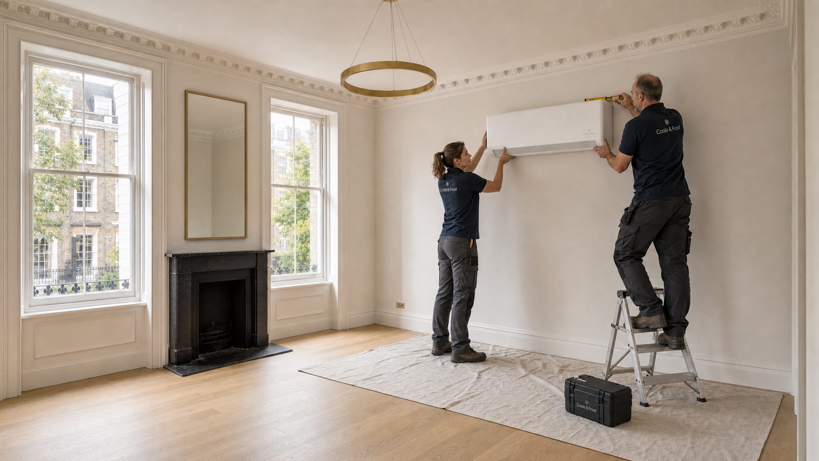 Coole & Frost engineers at work in a period sitting room, dust sheets down