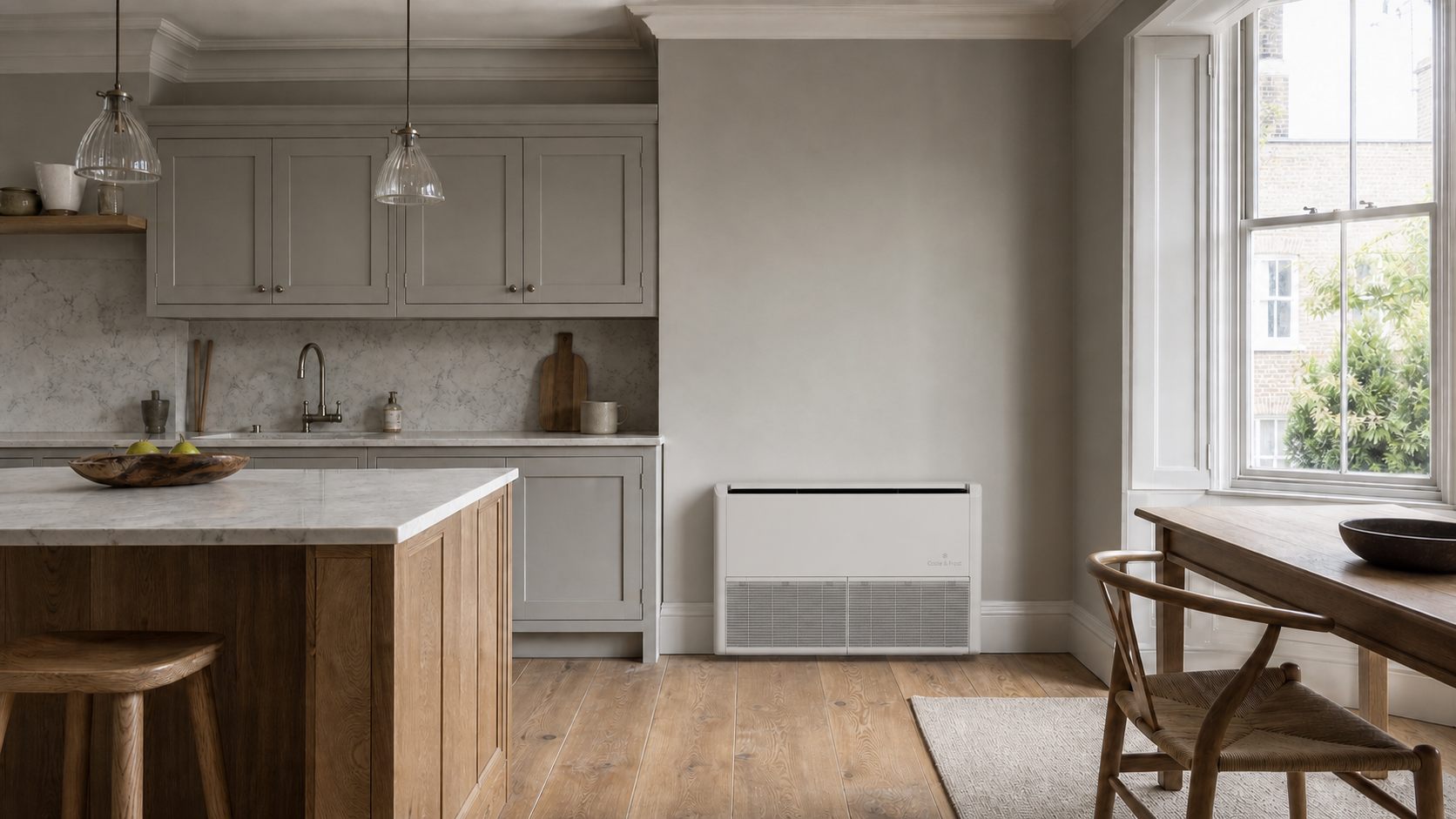 London townhouse kitchen with a Coole & Frost floor unit, rotating to show the shaker-style cover