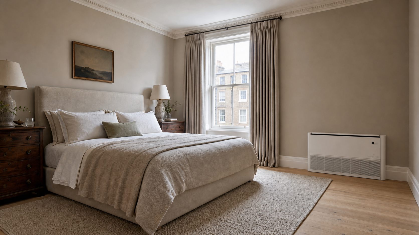 Coole & Frost floor unit in a London townhouse primary bedroom, low against the wall