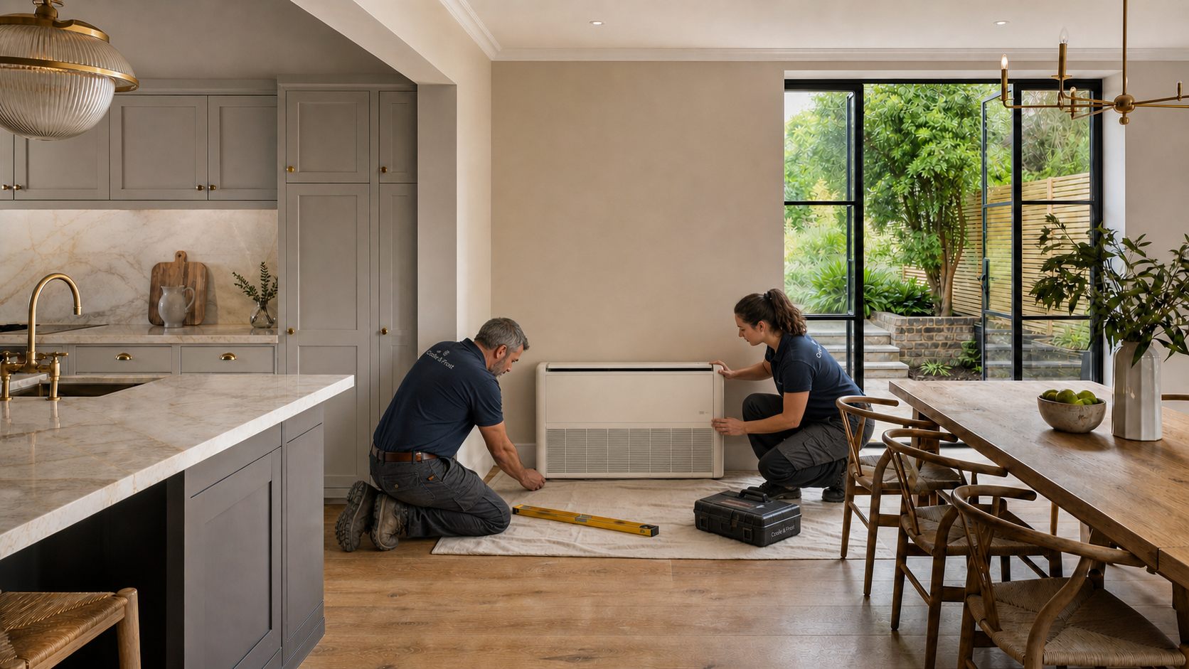 A Coole & Frost engineer attending a floor unit in a kitchen, protection down