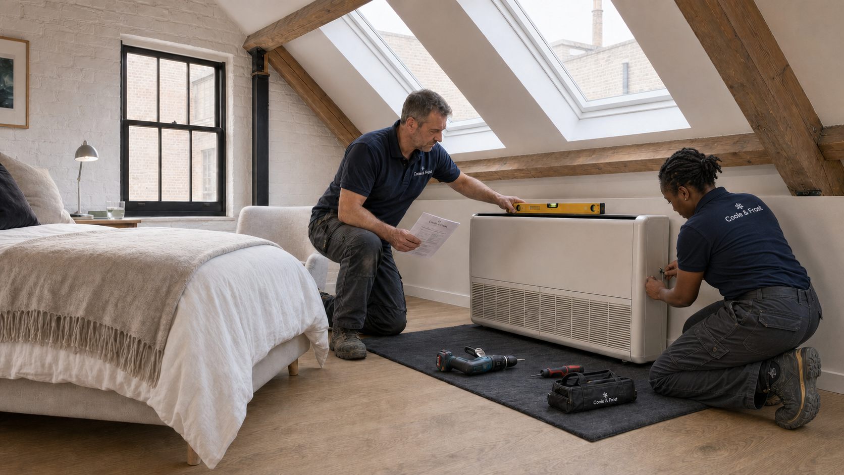 Coole & Frost engineer installing a floor unit in a mews loft room