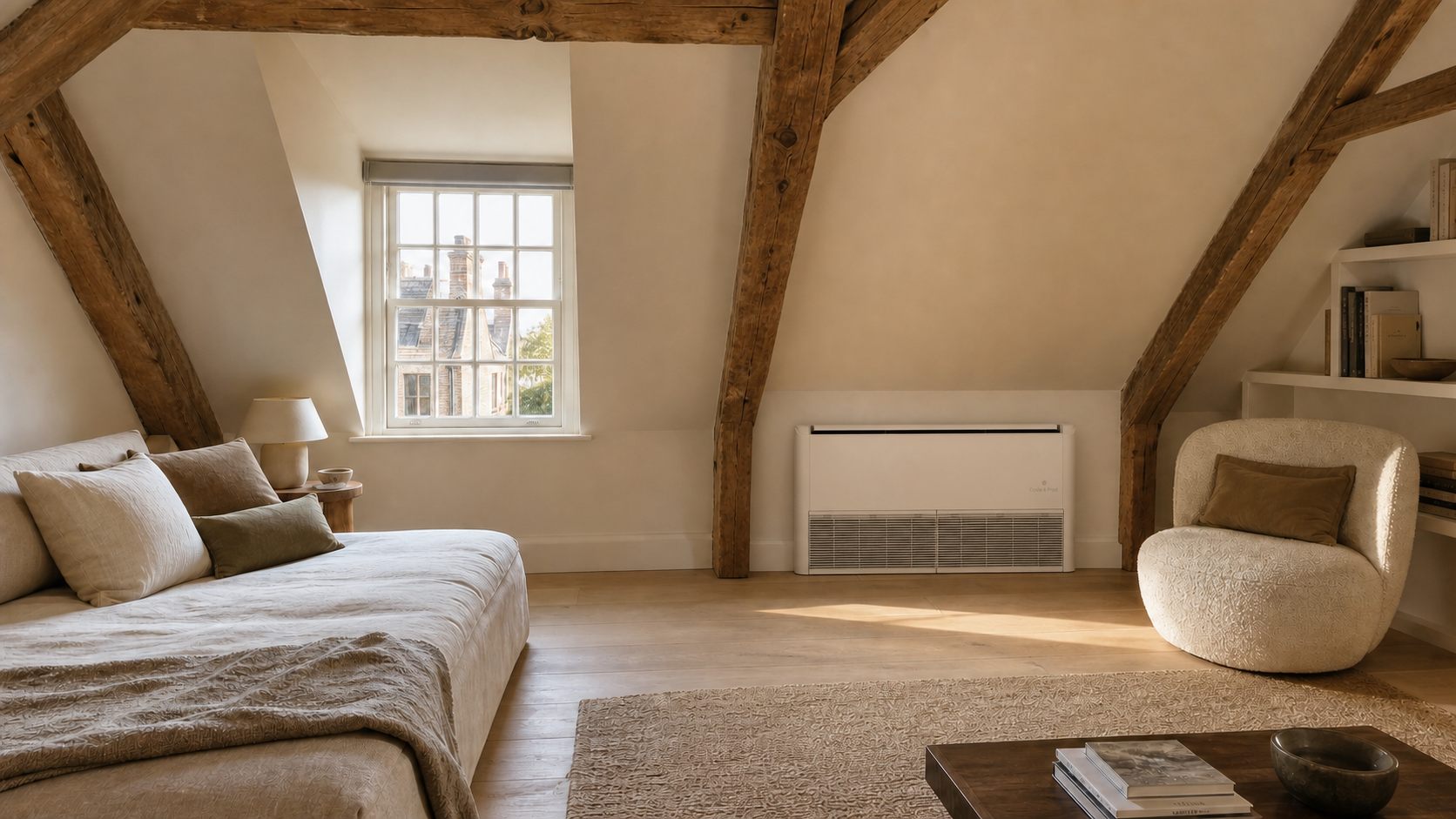 Coole & Frost floor unit installed in a London loft room, rotating to show its cover options