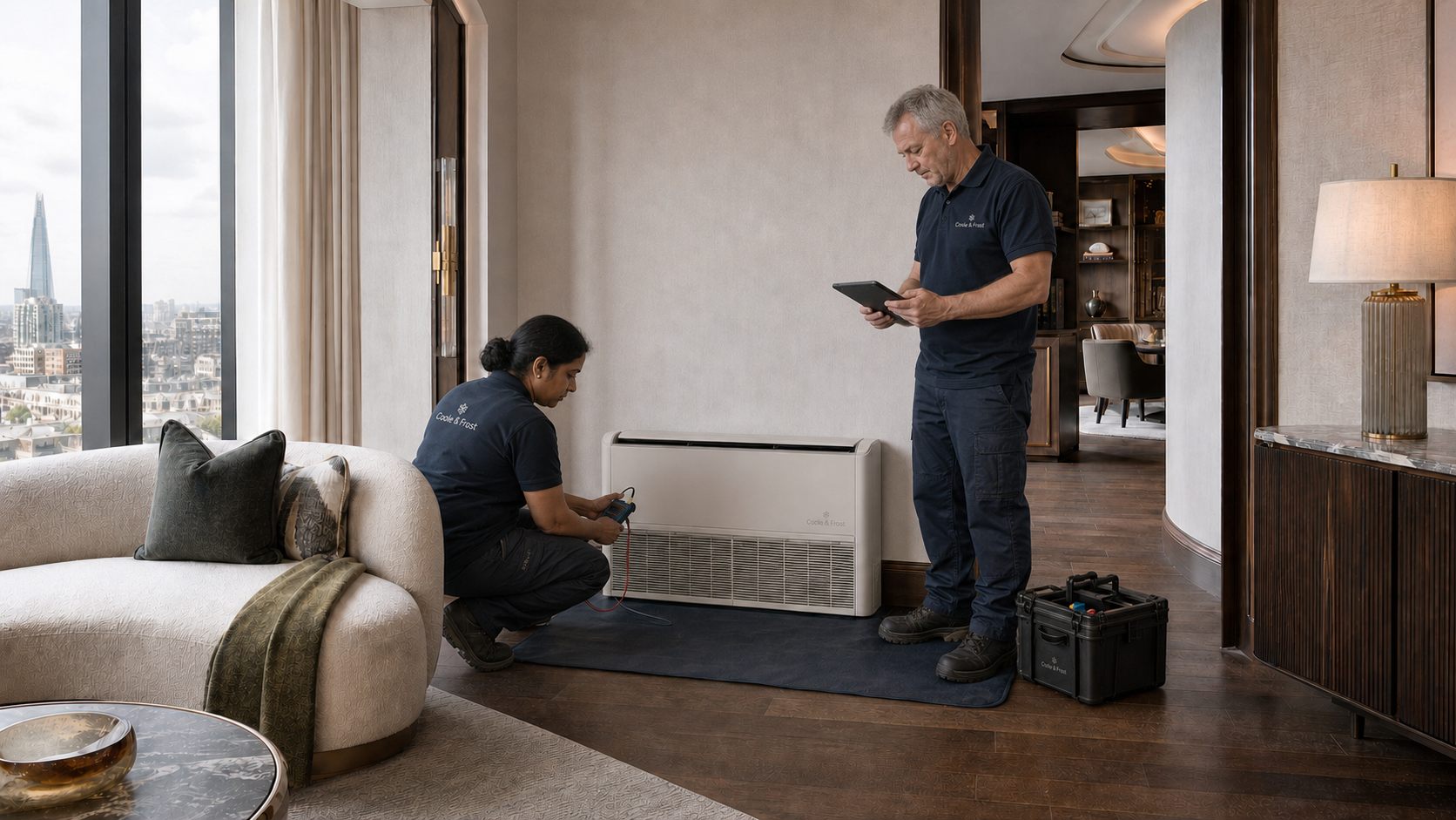 Coole & Frost engineer completing a floor unit installation in an apartment living room