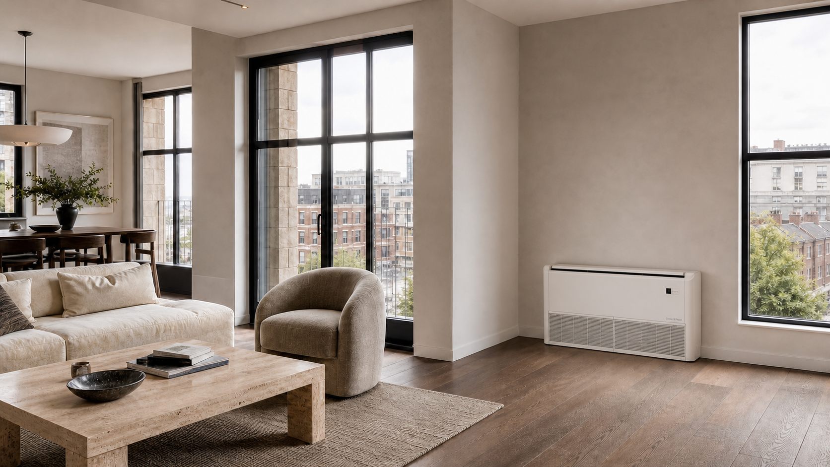 Coole & Frost floor unit in a London apartment living room — rotating to show the radiator-style cover