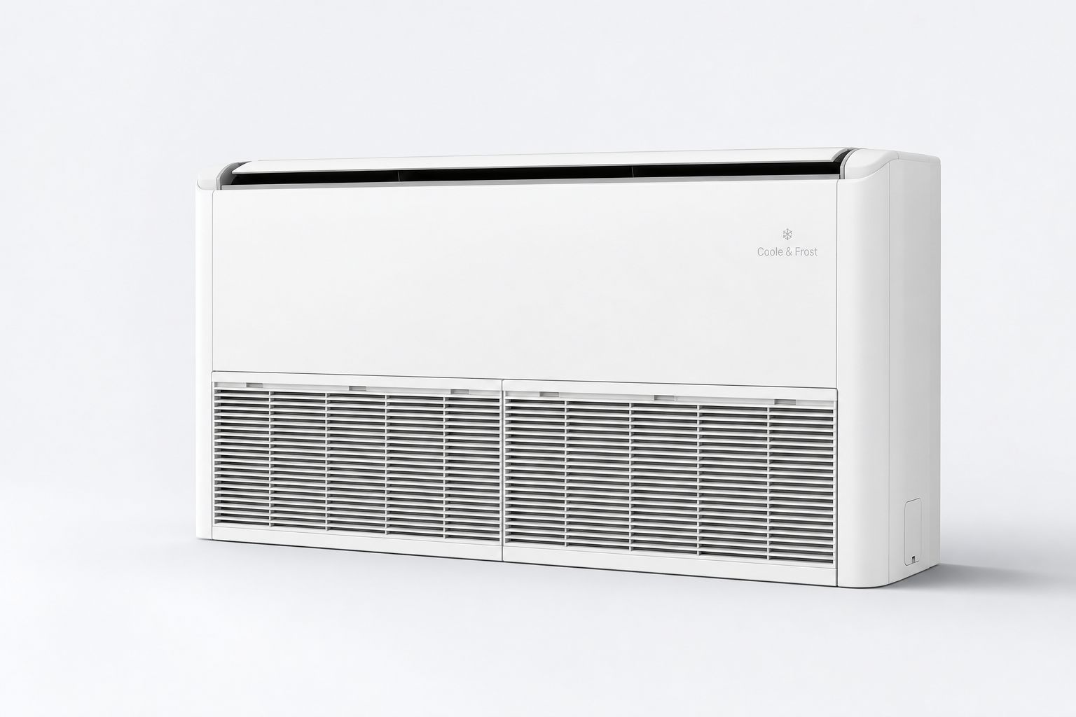 The Coole & Frost F-series floor unit — flat white case with full-width lower grille