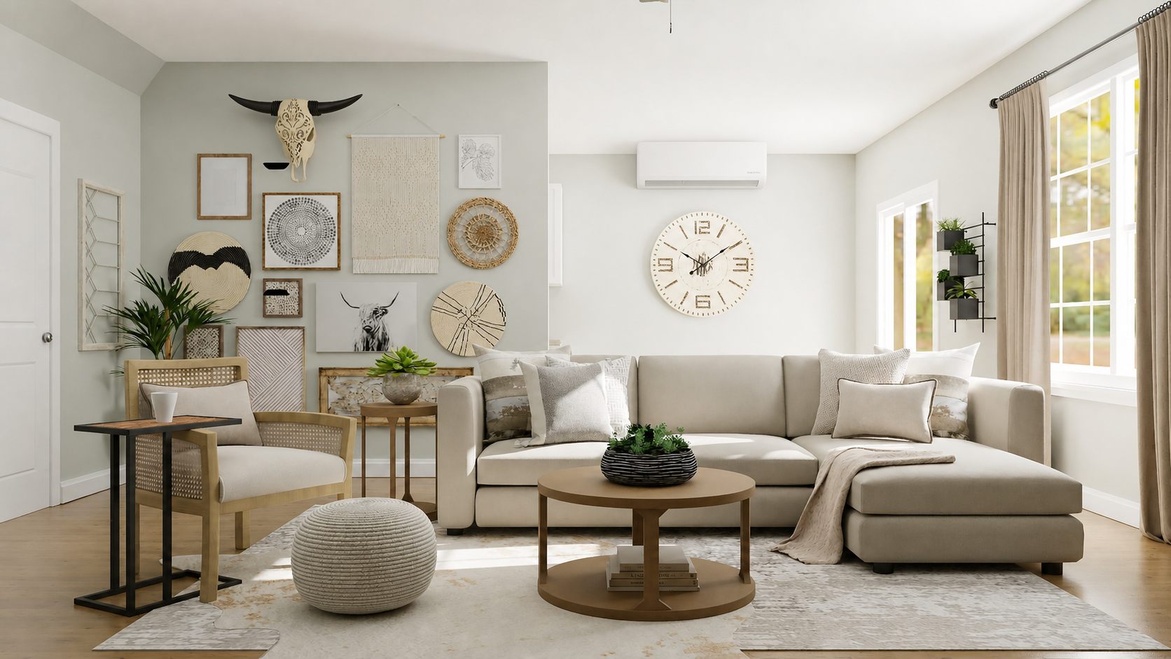 Calm, tidy neutral living room after installation