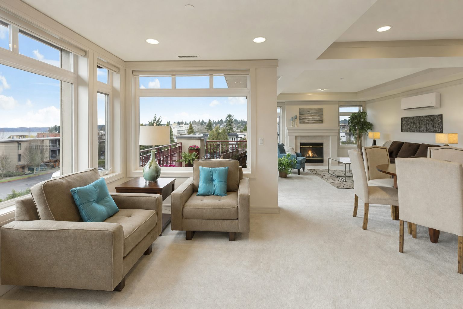 Bright living room with a run of windows and a calm view