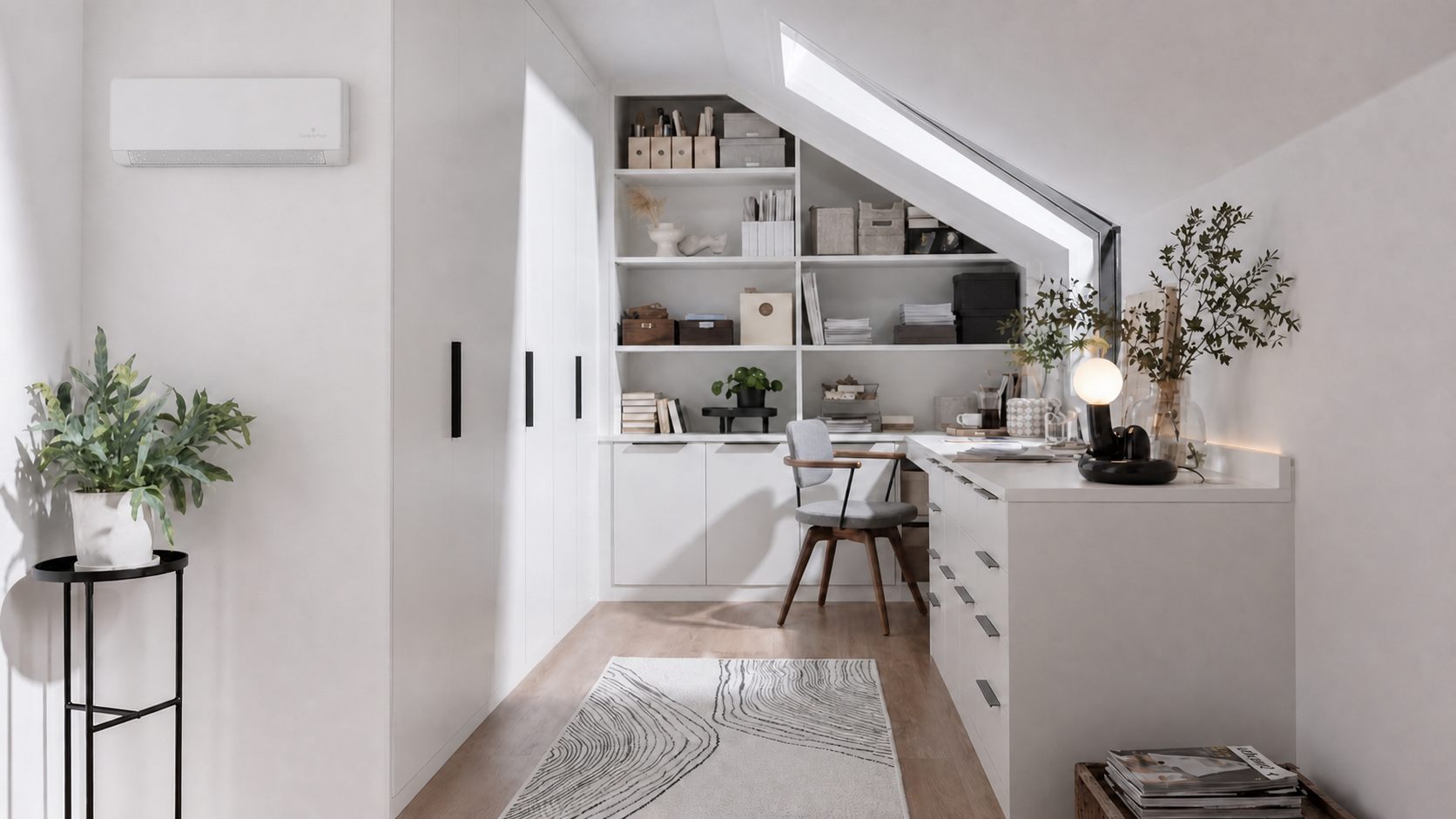 Loft home office with a Coole & Frost M-series wall unit mounted on the wall