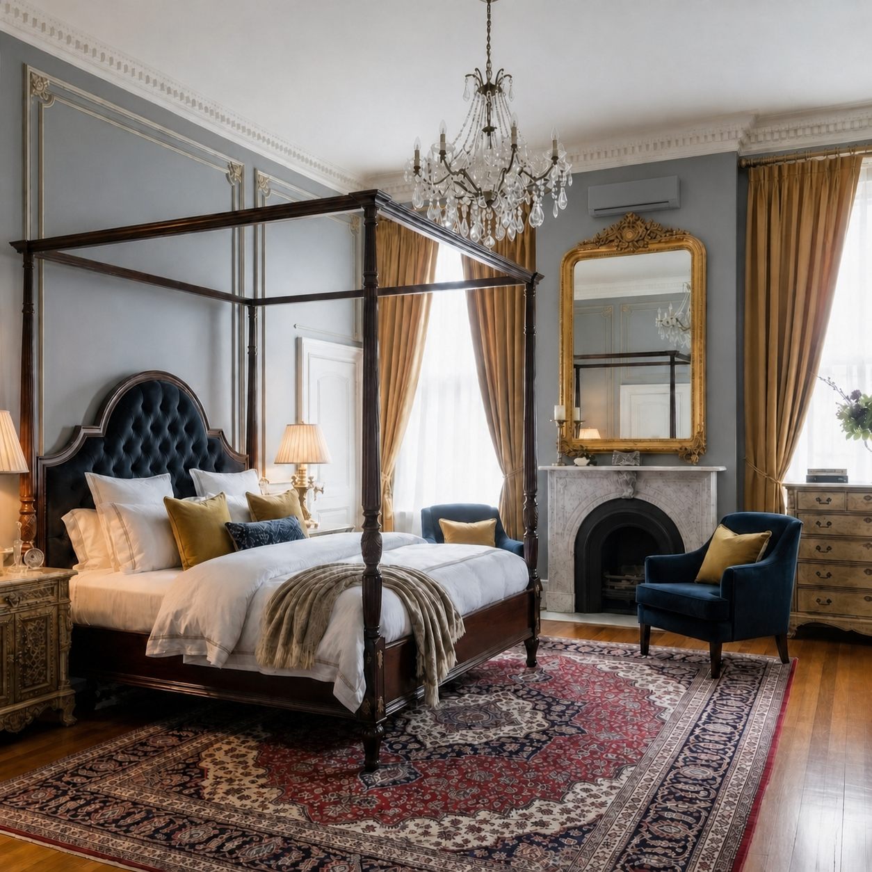 Grand period bedroom with four-poster bed, chandelier and a Coole & Frost wall unit high on the wall