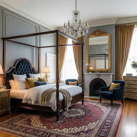 Grand period bedroom with four-poster bed, panelled walls and marble fireplace — no radiator, no wall units