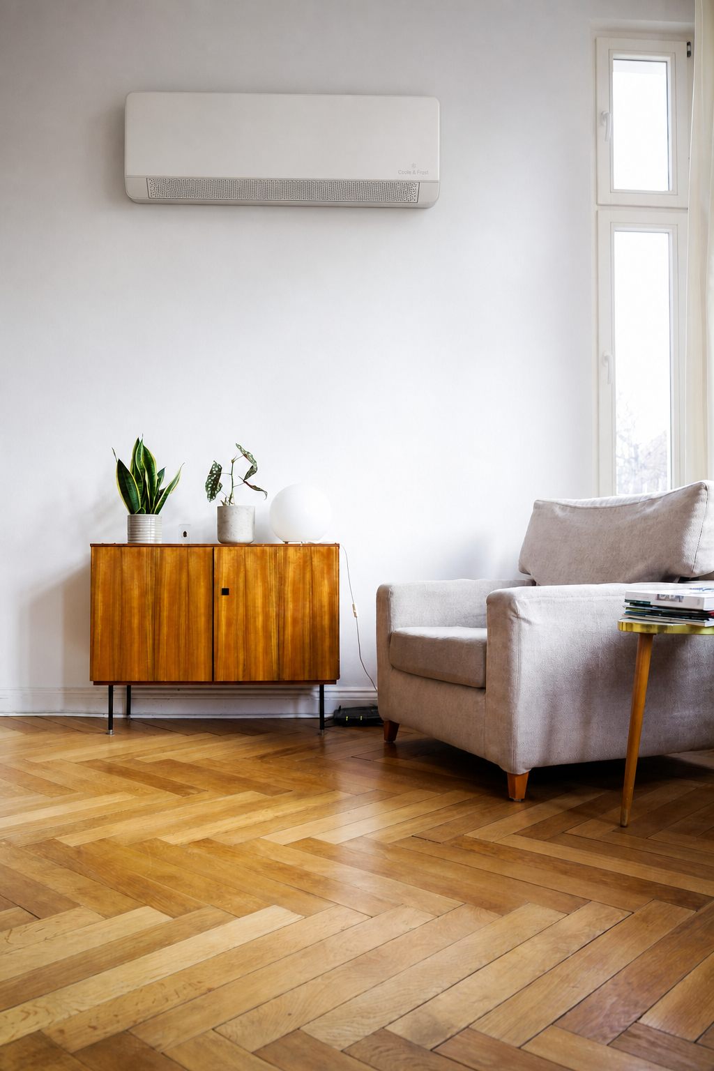 Coole & Frost wall unit mounted high in a period sitting room with herringbone parquet
