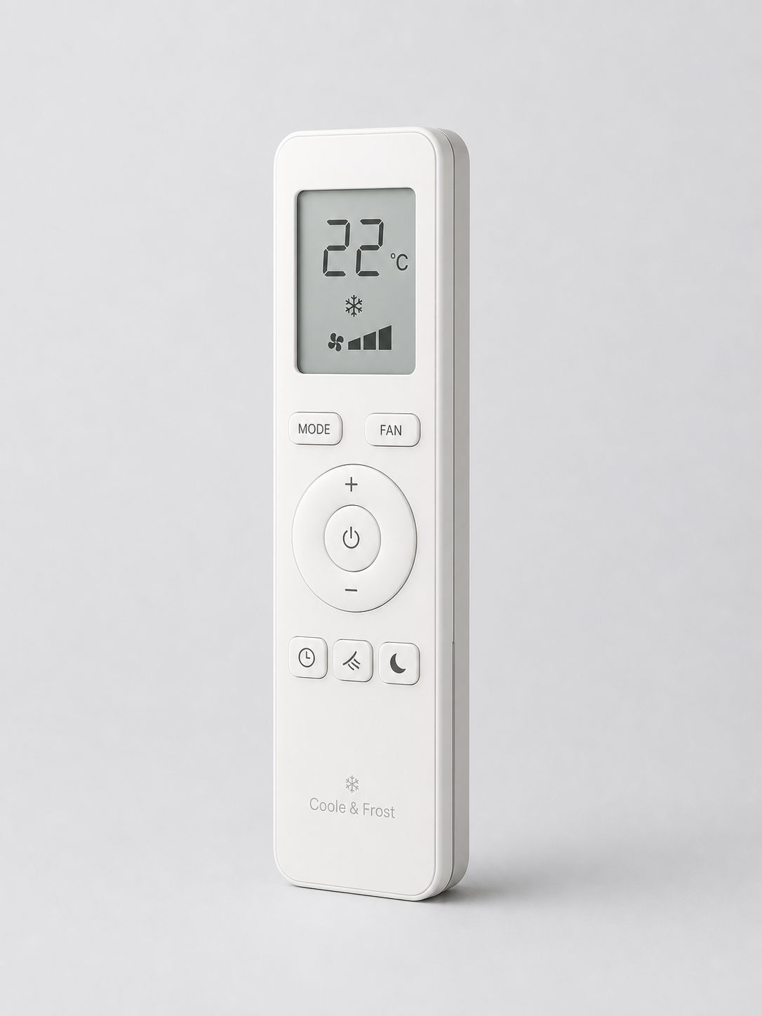 The Coole & Frost handset — display showing 22°C, mode, fan, timer and night controls